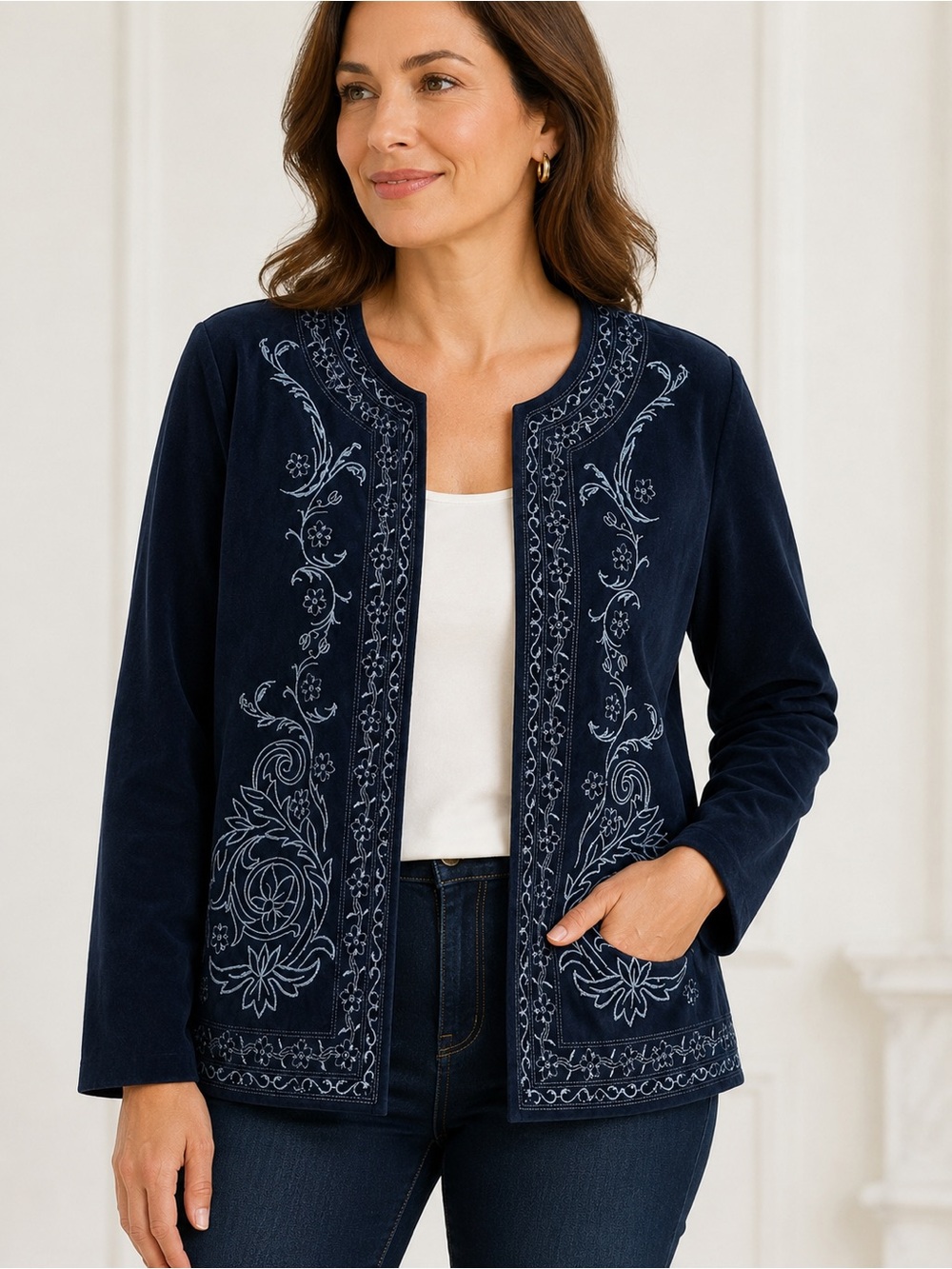 Susan Graver Women’s Embroidered Faux Suede Jacket Cardigan Navy Blue M